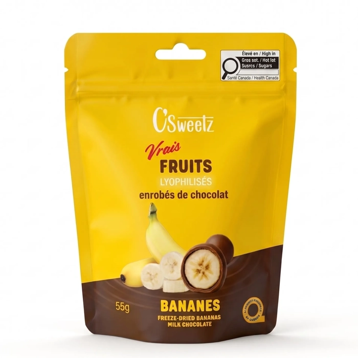 Bananes lyophilisées enrobées de chocolat au lait