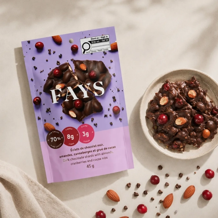 Éclats de chocolat noir, amandes, canneberges et grué de cacao