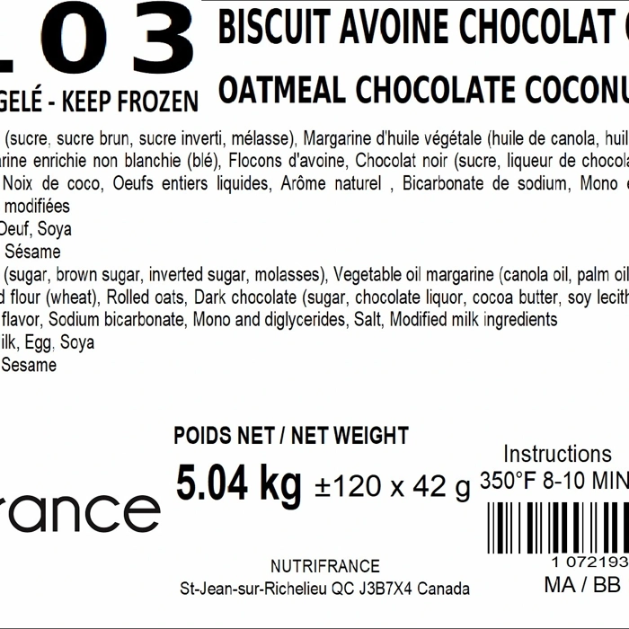 Biscuit avoines chocolat coconut - 2103