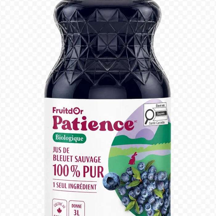 Jus de bleuets sauvages bio, 100% pur et sans sucre ajouté