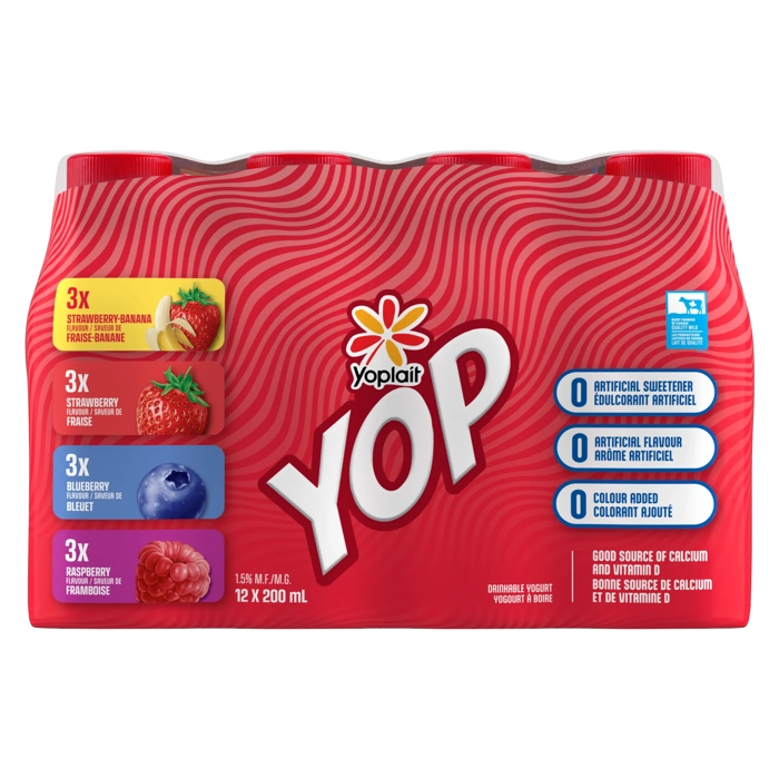 Yop Yogourt à boire Fraise-Banane, Fraise, Bleuet, Framboise 1.5% 12x200ml