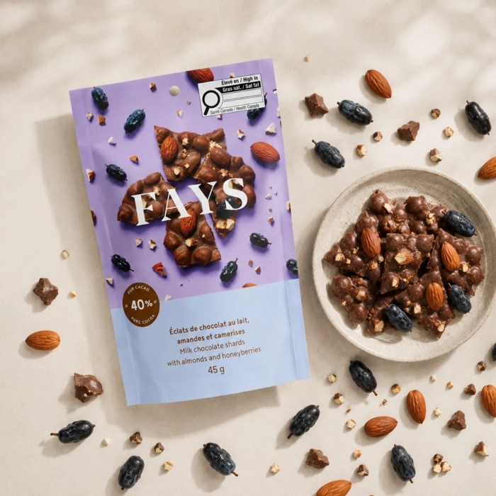 Éclats de chocolat au lait, amandes et camerises