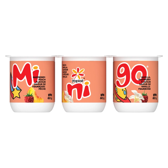 Yoplait Minigo Yogurt Raspberry-Peach, Peach-Vanilla, Vanilla-Raspberry 2% M.F. 6x60G