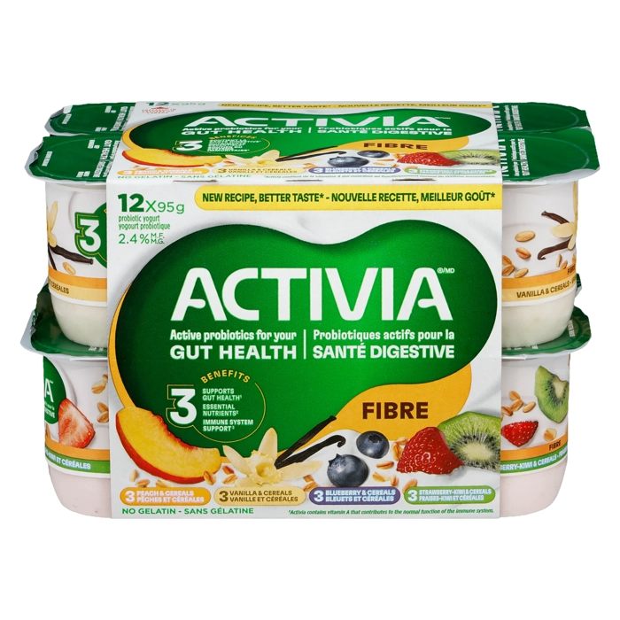 Yogourt Probiotique fibre à saveur de Pêches, bleuets, vanille, fraises-kiwi