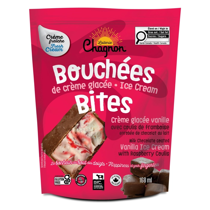Bouchées à la crème glacée vanille coulis framboise enrobées de chocolat