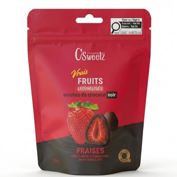 Fraises lyophilisées enrobées de chocolat noir