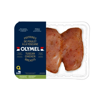 Poitrines de poulet à la Toscane, assaisonnées, désossées, sans peau, sans filets, non cuites, 18 % de protéines de viande