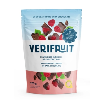 Framboises enrobées de chocolat noir.