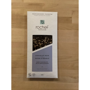 Dark chocolate gourmet bar with maple sugar.
