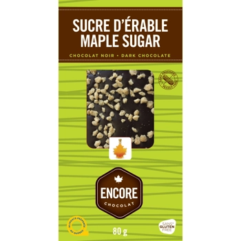 Dark chocolate gourmet bar with maple sugar.