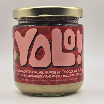 Tartinade pistache, fraise & chocolat blanc.