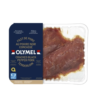 Filets de porc au poivre noir concassé, coupés,  assaisonnés, non cuits, 17 % de protéines de viande