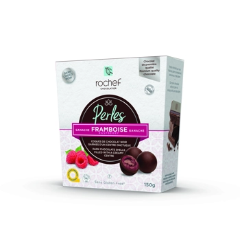 Raspberry ganache pearls coated with a dark chocolate shell