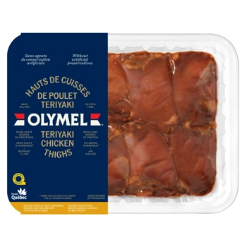 Hauts de cuisse de poulet Teriyaki assaisonnés, désossés, sans peau, non cuits, 16 % protéines de viande