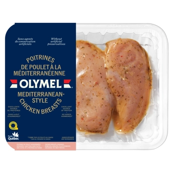 Poitrines de poulet à la Méditérannéenne, assaisonnées, désossées, sans peau, sans filets, non cuites 19% de protéines de viande