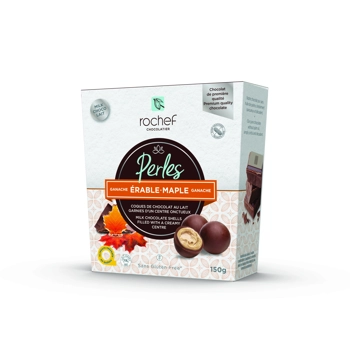 Maple ganache pearls coated with a milk chocolate shell