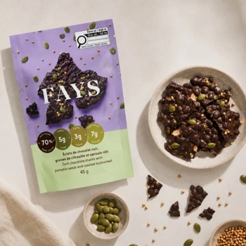 Éclats de chocolat noir,  graines de citrouille et sarrasin rôti