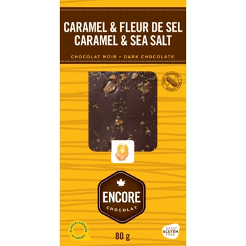 Dark chocolate gourmet bar with sea salt caramel.