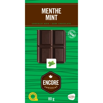 Dark chocolate gourmet bar with mint flavor.