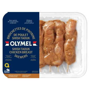 Brochettes de poitrines de poulet Shish Taouk assaisonnées, non cuites, 18 % de protéines de viande