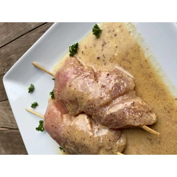 Brochette de poulet bière brune au miel et moutarde
