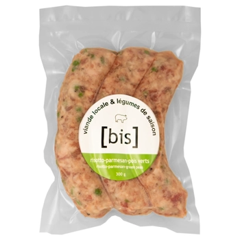 Saucisse risotto, pois vert, parmesan