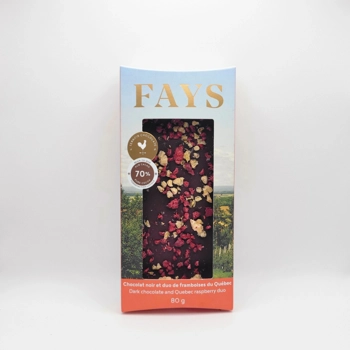 Dark chocolat bar and raspberries from Quebec