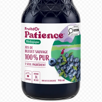 Jus de bleuets sauvages bio, 100% pur et sans sucre ajouté