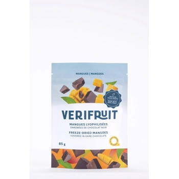 Freeze-dried mangoes coated in dark chocolate