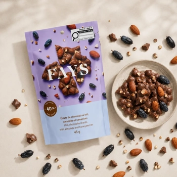 Éclats de chocolat au lait, amandes et camerises
