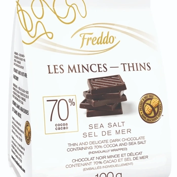 FREDDO THINS DARK CHOCOLATE 70% COCOA AND SEA SALT PEANUT-FREE AND NUT-FREE