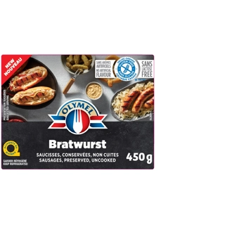 Saucisses Bratwurst  conservées, non cuites, dans un boyau 100% végétal