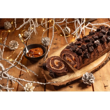 Chocolate-caramel Christmas yule log.