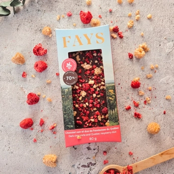 Tablette de chocolat noir et framboises du Québec