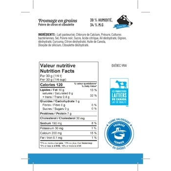 Fromage en grains Poivre de citron et ciboulette.