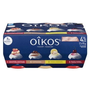 Yogourt Grec 4%mg Gâteau Fromage Fraise, Cappuccino, Citron Meringue, Cerises Noires