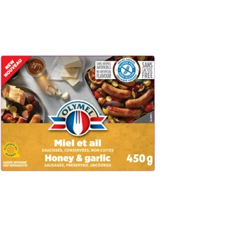 Saucisses Miel & Ail  conservées, non cuites, dans un boyau 100% végétal
