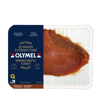 Poitrines de dindon à saveur d'érable fumé, assaisonnées, désossées, sans filets, sans peau, non cuites, 20 % protéines de viande