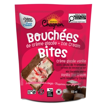 Bouchées à la crème glacée vanille coulis framboise enrobées de chocolat